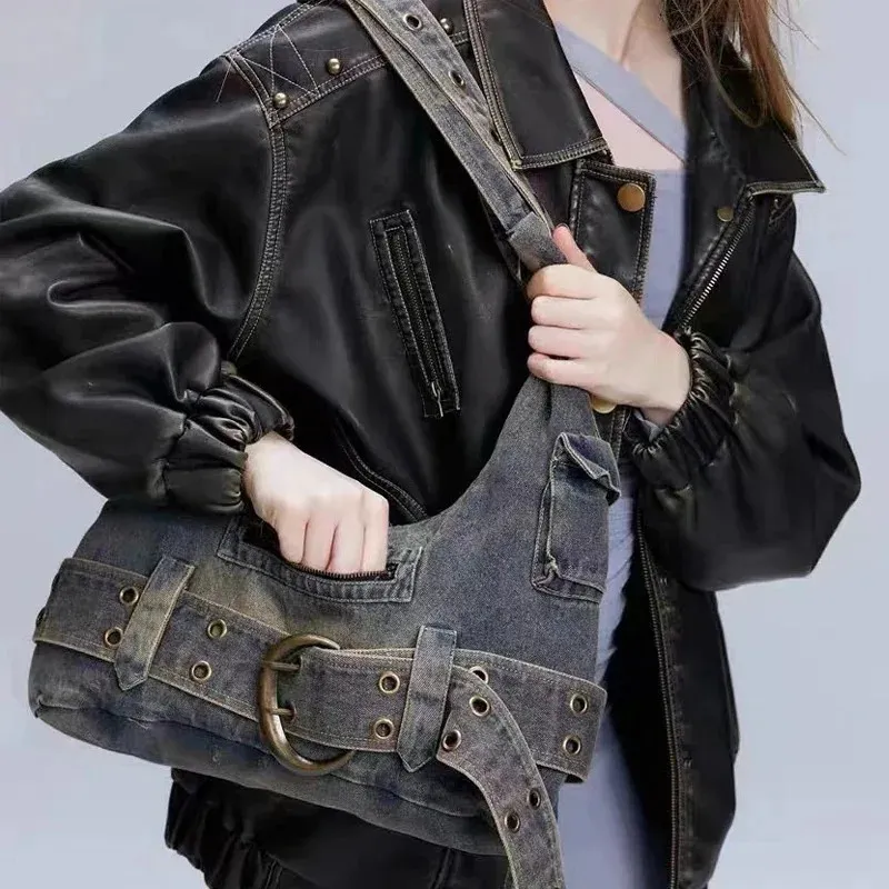 Y2K Denim Shoulder Bag - Trendy Vintage Punk Handbag, Gothic