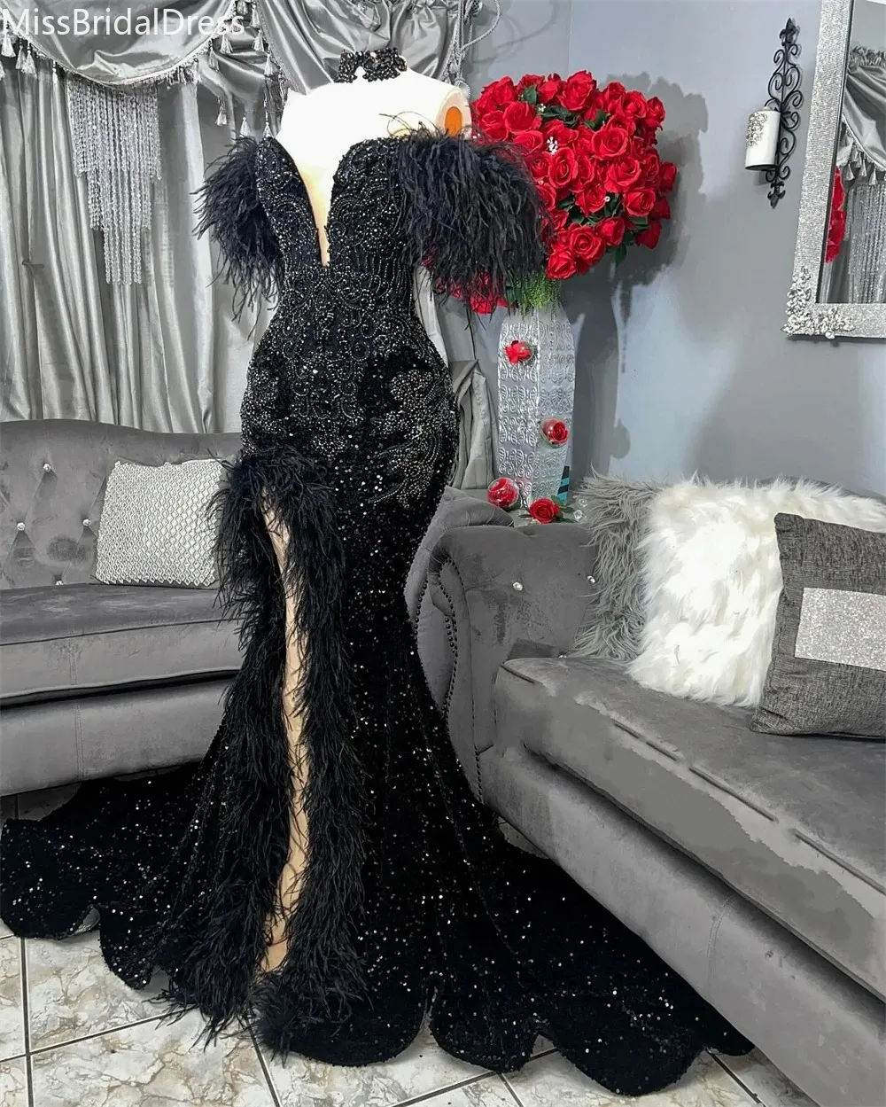 Black Sequin Mermaid Prom Dress With Feather Trim