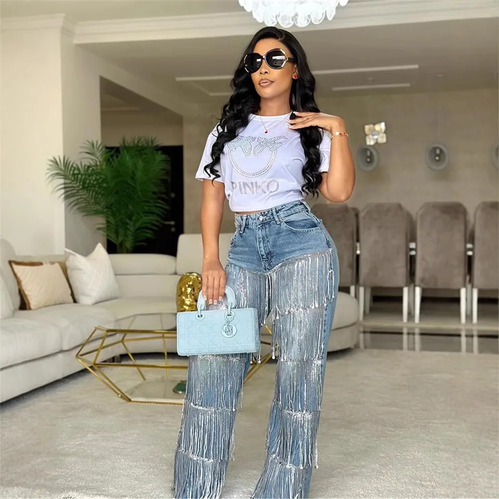 2025 Diseñador Jeans De Lentejuelas De Verano Tassel Pantalones De