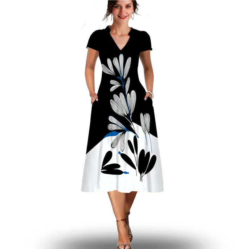 Womens Knee-Length Polyester Swing Dress with V-Neck and Short Sleeves,  Empire Waistline, Casual Summer Outfit from Dhgate Plus size Dresses -  price 301.51