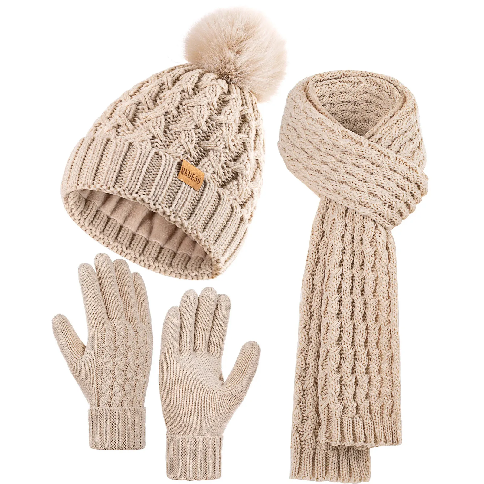 Unisex Winter Beanie Scarf Gloves Set Touchscreen Warm Cold Weather 3-Piece Winter Hat, Scarf & Touchscreen Gloves Set | H1927 main image 2