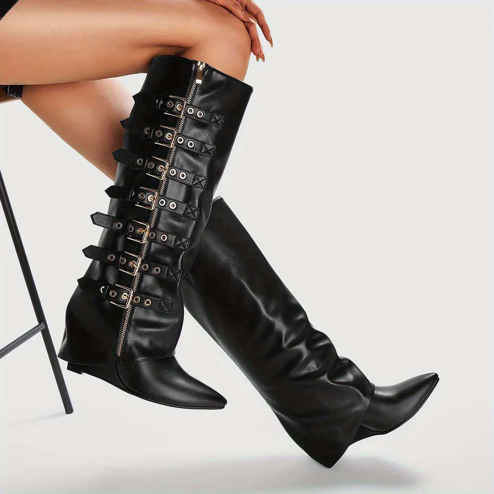 Women Knee High Full Grain Leather Boots with Side Zipper Closure, Low ...