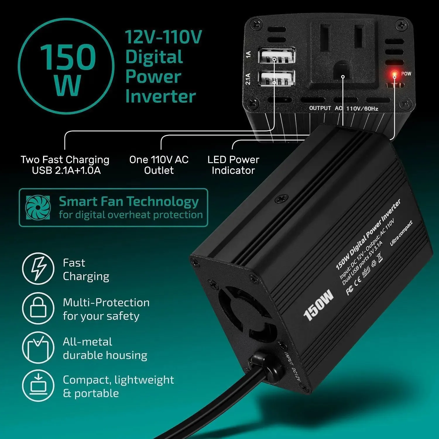 150W Car Power Inverter DC 12V To AC 110V With USB 5V Port - Laptop & Phone Charger