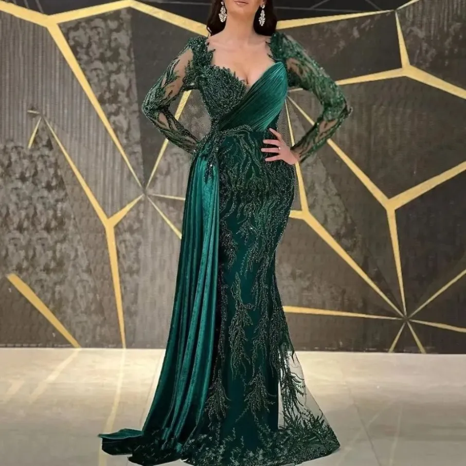 Customized Afrian Mermaid Prom Dark Green Prom Dress with Sheer Long Sleeves, Appliques, Beads, and Emerald Green Evening Gown by Aso Ebi - N19