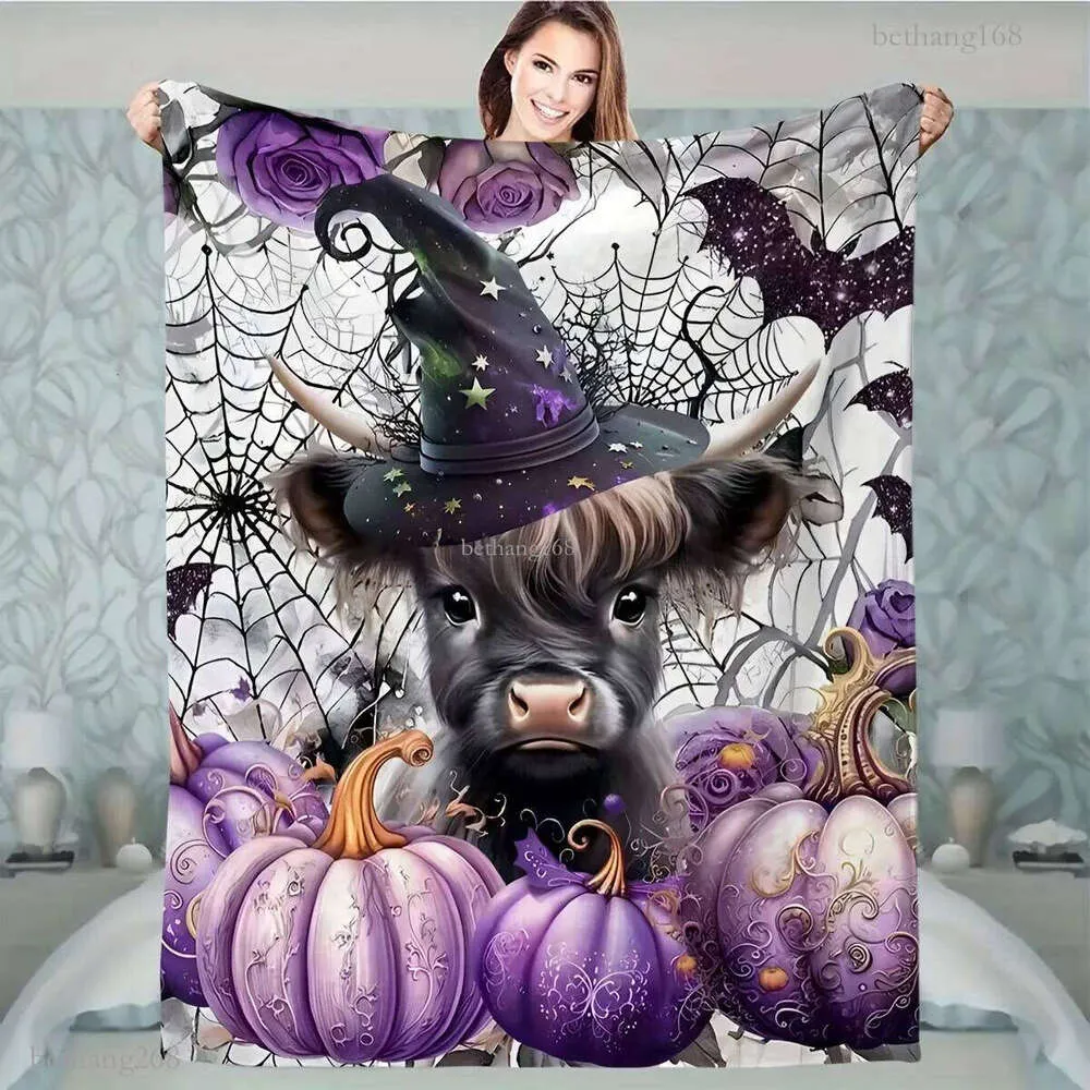 Cozy Halloween Flannel Throw Blanket Cute Highland Cow Witch