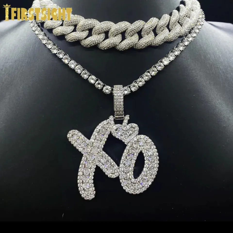 Iced Out Bling Letter XO Pendant Necklace Stainless Steel Alloy Tennis ...