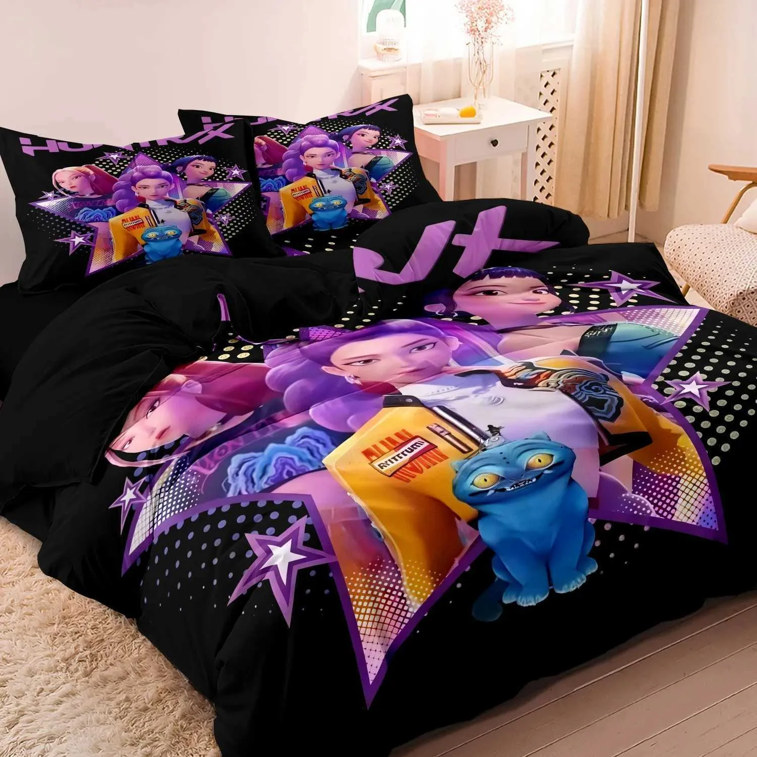Hazbin - Set di biancheria da letto per hotel, per letto singolo/ matrimoniale/king size, con stampa a tema anime Alastor Angel, 3 pezzi, 2 federe, adatto per adolescenti e adulti, decorazione per