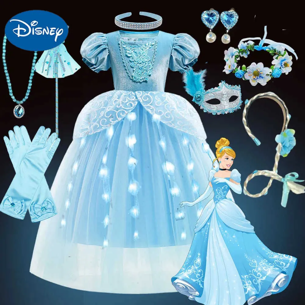 open lace back dress Elsa Costume Princess Dress Girls Light Up Dress Snowflake Trailing Party Dress Birthday Dres Light Up Dress + Cape + Accessories / 7
