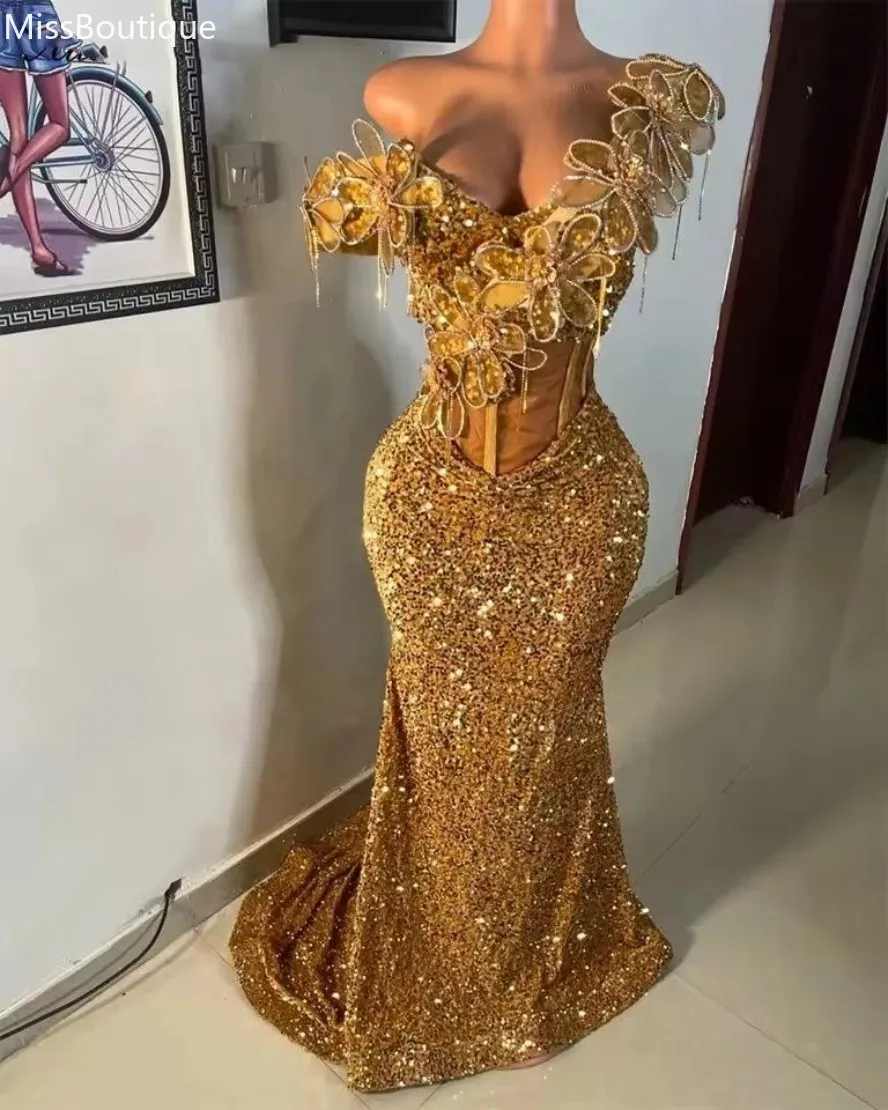 long sparkling gold dress Zapaka Women Glitter Golden Corset Long Prom Dress with Flowers A-Line Sequins Formal Dress, Golden / US18W main image 0