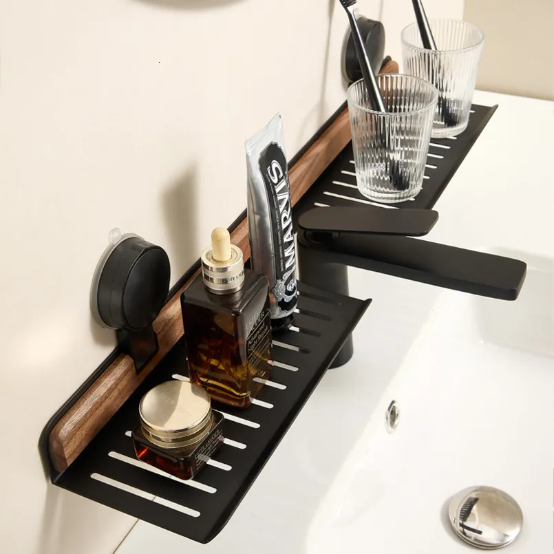 Walnut Wood Suction Cup Storage Rack – No‑Drill Bathroom Shelf, Front Faucet Organizer – 14% Off