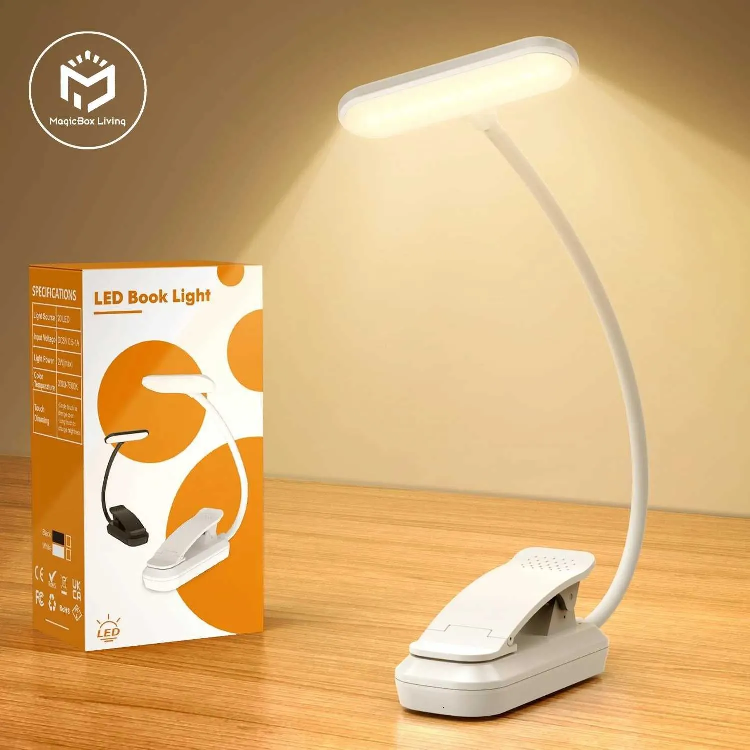 USB Rechargeable Clip-On Book Light – Touch Sensor, 3 Colors (White/Warm/Mixed), Stepless Dimming, 360° Flexible Neck, 12H Battery – Perfect For Bed Reading, Travel, Work & Study