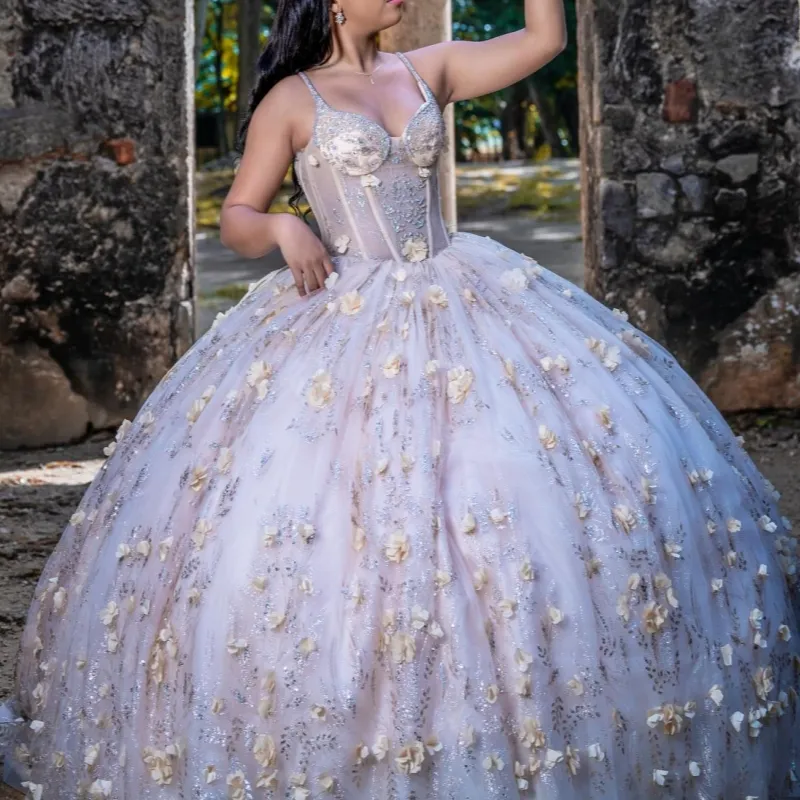 Silver Gray Tulle Spaghetti Straps Sequins Appliques Quinceanera Dress main image 0