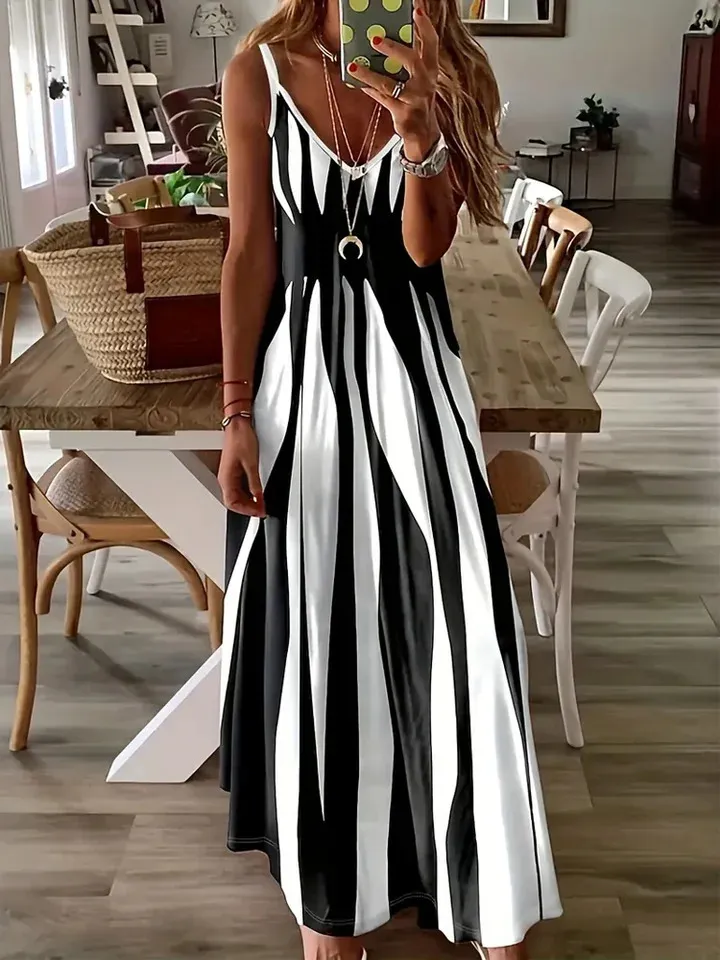 Women's Sleeveless Maxi Blue Maxi Dress with Abstract Print and Spaghetti Straps - Casual and Stylish Clothing