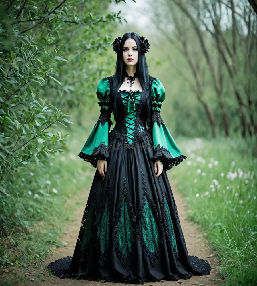 Fantasy Celtic Green Gothic Evening Dress With Flare Sleeve Vintage Black Lace Tudor Renaissance Prom Dress Elegant Faire Formal Punk Vestio De Novias ... Fantasy Celtic Green Gothic Evening Dress With Flare Sleeve Vintage Black Lace Tudor Renaissance Prom Dress Elegant Faire Formal Punk Vestio De Novias ...