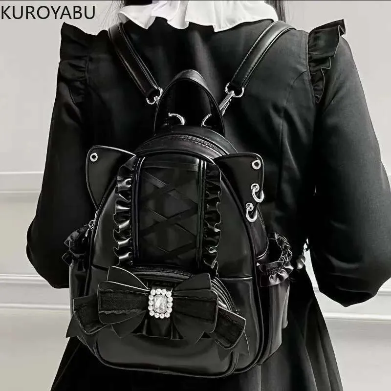 black leather lace backpack RLH3414 Chrome free Indulge in dark elegance with