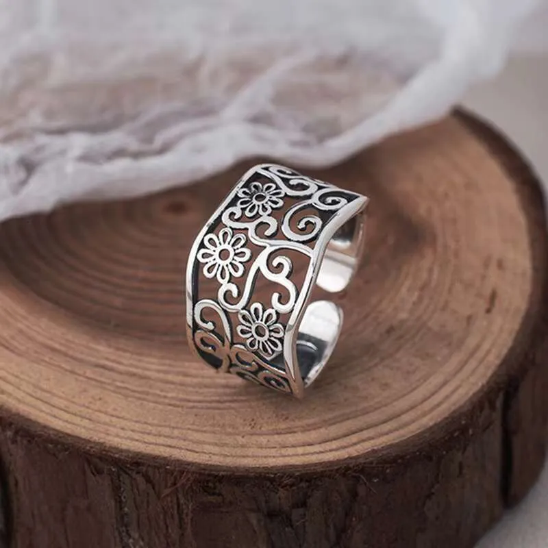 Vintage 925 Sterling Silver Rings Adjustable Retro Floral Open