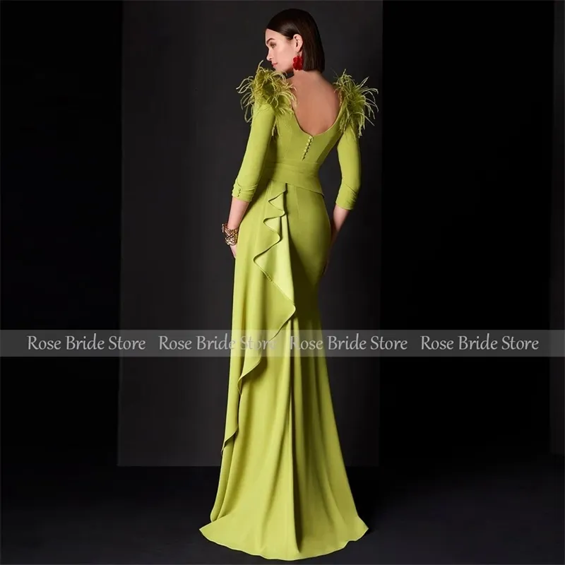 Green Satin Pleated Button feather wedding guest dress - Classic Formal Evening Gown with Straight Boat Neckline (Style 250402)