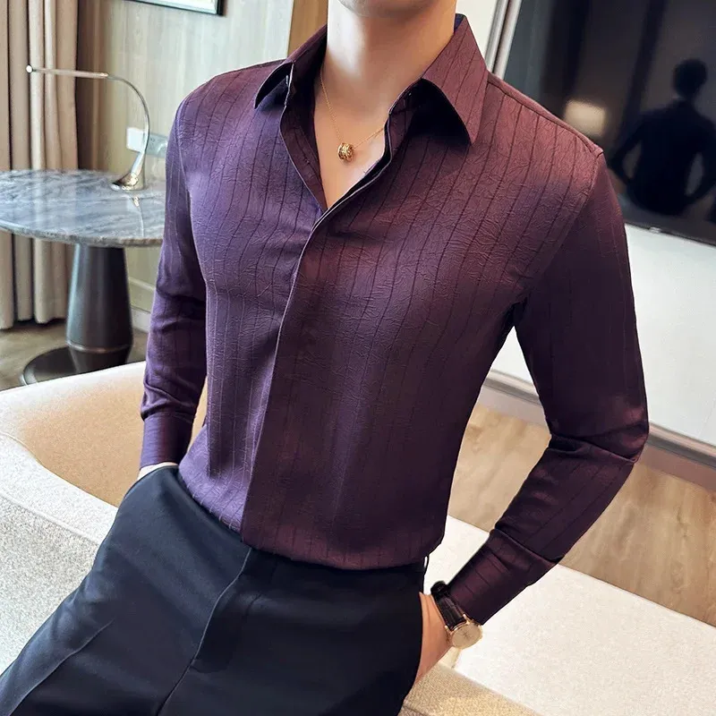 Korean Striped Men's Slim Fit Button-Up Shirt Korean Striped Men's Slim Fit Button-Up Shirt