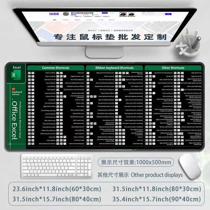 Excel Shortcuts Mouse Pads XXL Extended Office Desk Mat Large Keyboard ...