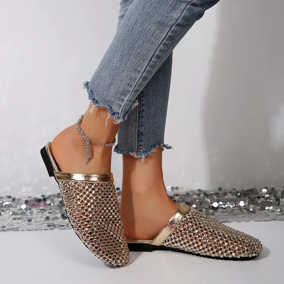 Mules basse con strass da donna sandali estivi traforati_voghion.com