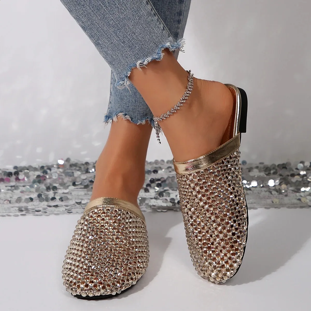 Mules basse con strass da donna sandali estivi traforati_voghion.com
