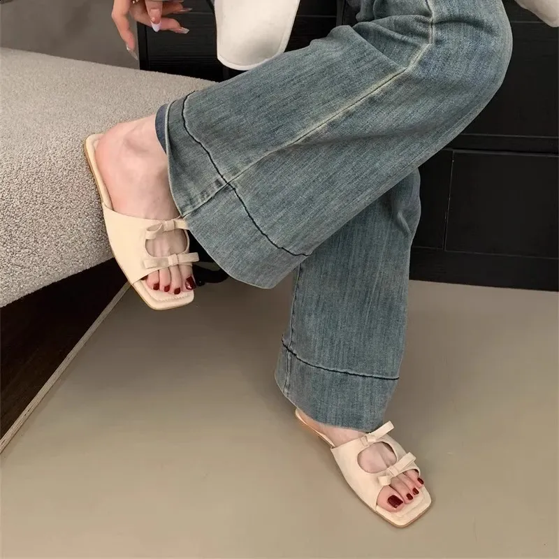 Womens Slippers Flats Bow Fashion Shoes Dress Summer Woman Sandals Elegant Flip Flops Cozy Sandalias De Mujer 250422_voghion.com