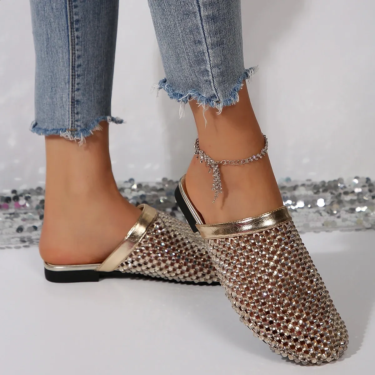 Mules basse con strass da donna sandali estivi traforati_voghion.com