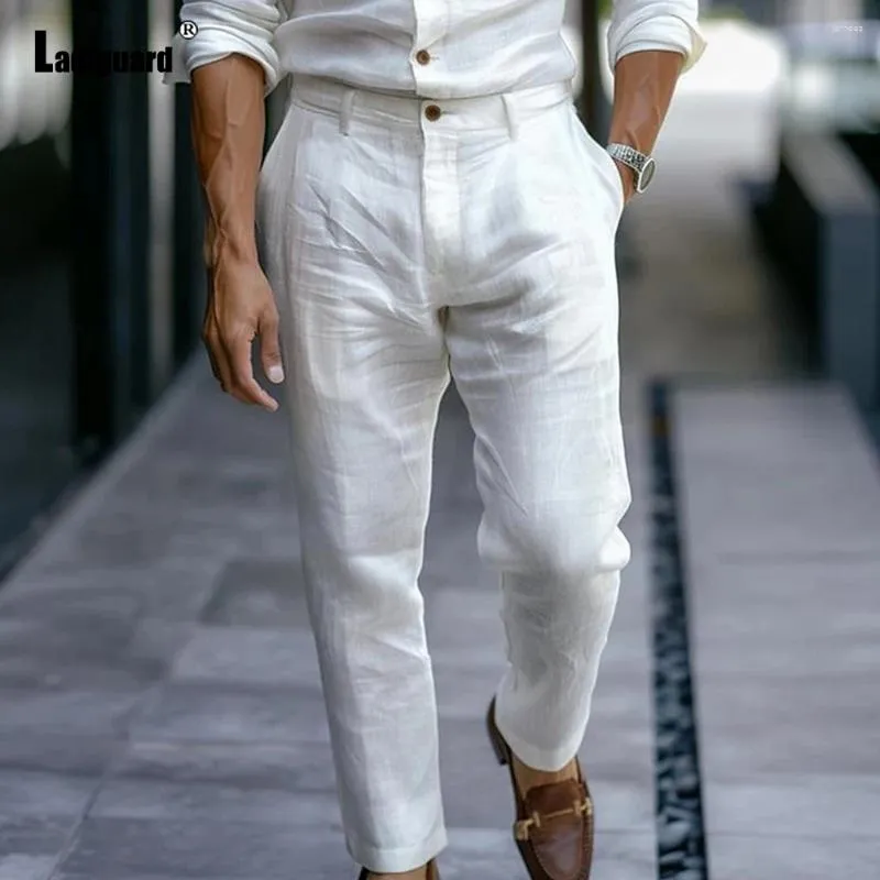 Men's Linen Beach Pants: Solid White Casual Trousers With Stand Pocket ...