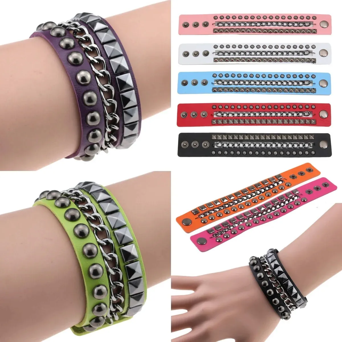 Purple Goth PU Leather Spike Rivets Charm Bracelet Cuff Bangles for ...
