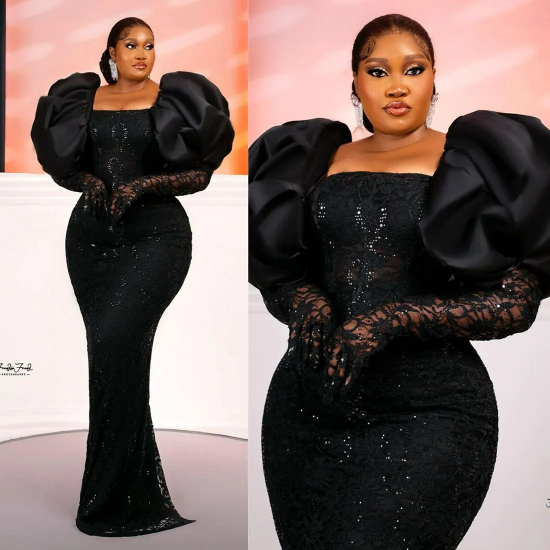 Plus Size African Nigeria Mermaid Prom Black Prom Dress with Sheer Neckline, Long Sleeves, Lace Beading, and Elegant Design for Black Women's Formal