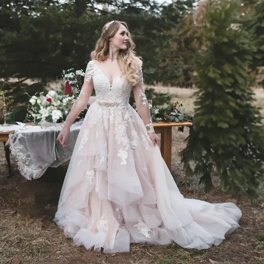 Champagne Plus Size Wedding Dress, V Neck Corset Gown