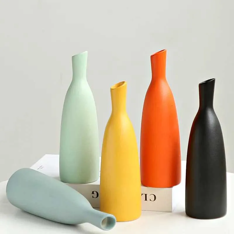 Solid Color Ceramic Vase Set Small Diameter Bamboo and Wooden Flower ...