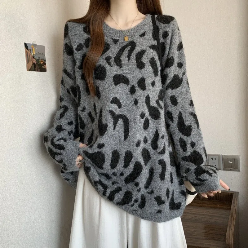 Leopard Pattern Sweaters Leopard Print Wool Blend Knitted Sweater Pullover for Women, Long ...