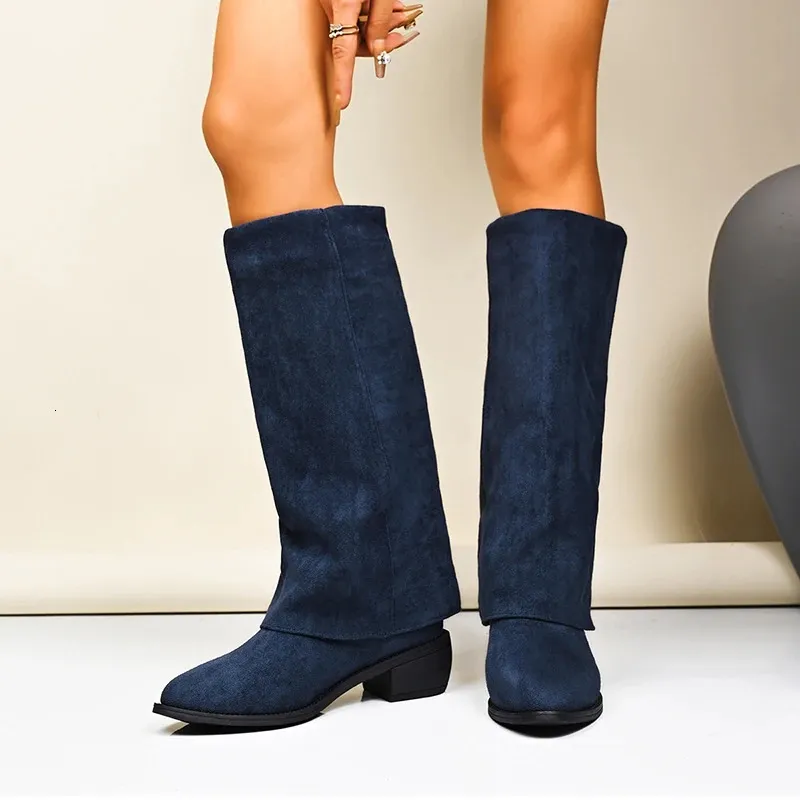 Women Knee High Denim Boots With Thick Heels For Winter_voghion.com
