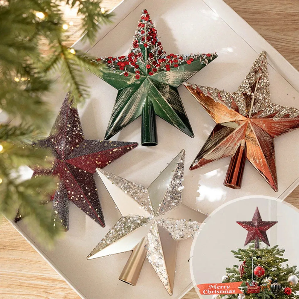 Christmas Tree Topper Star Gold Glitter Iron With Red And Silver Stars ...