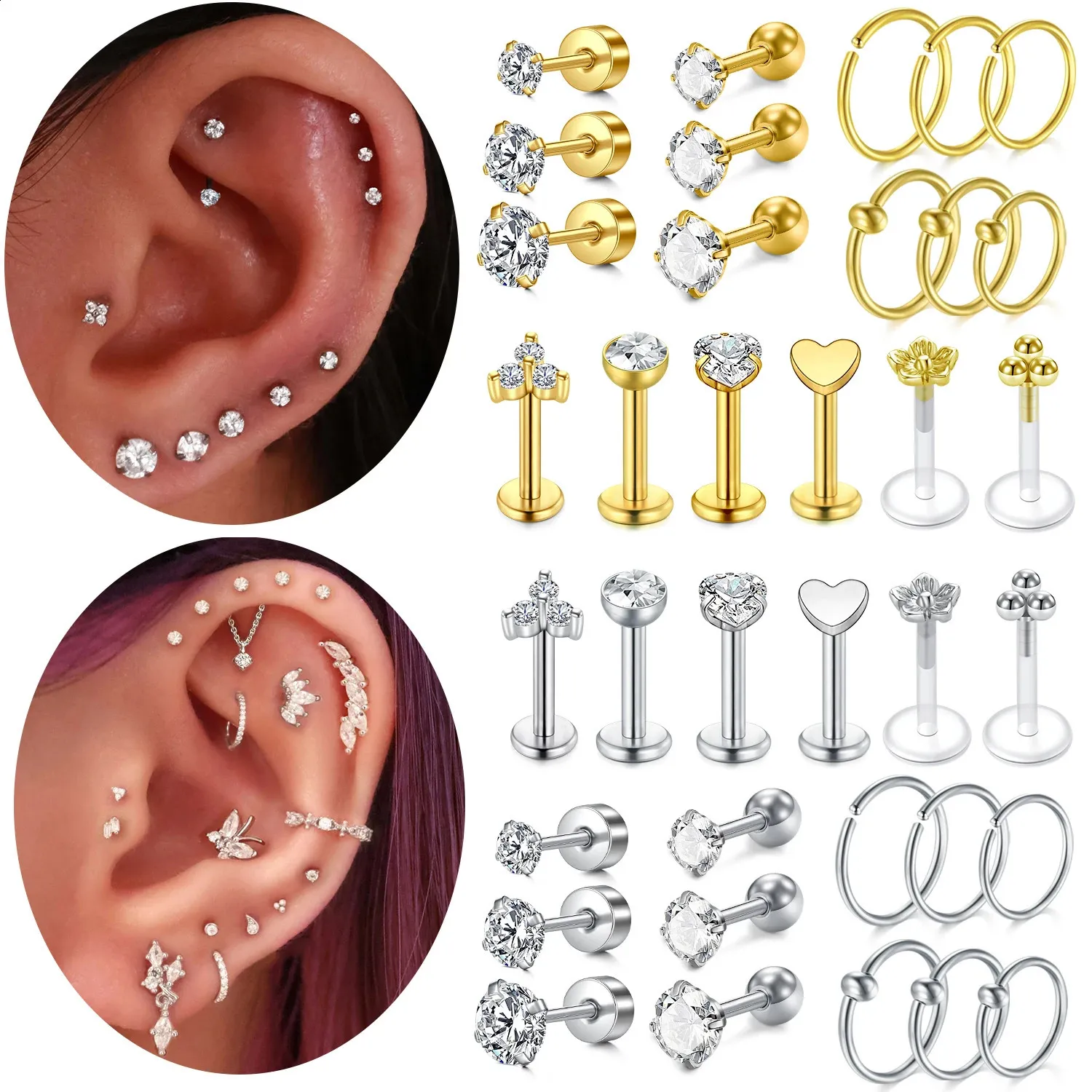 Set Di Orecchini A Cartilagine KALVICA - 23 Pezzi In Acciaio 316L, Helix, Tragus, Rook, Conchiglia, Argento/rosa - copertina