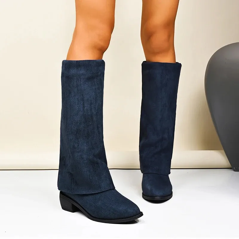 Women Knee High Denim Boots With Thick Heels For Winter_voghion.com