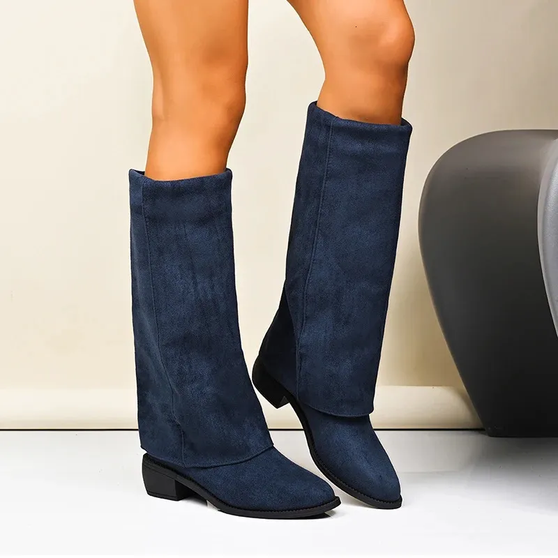 Women Knee High Denim Boots With Thick Heels For Winter_voghion.com