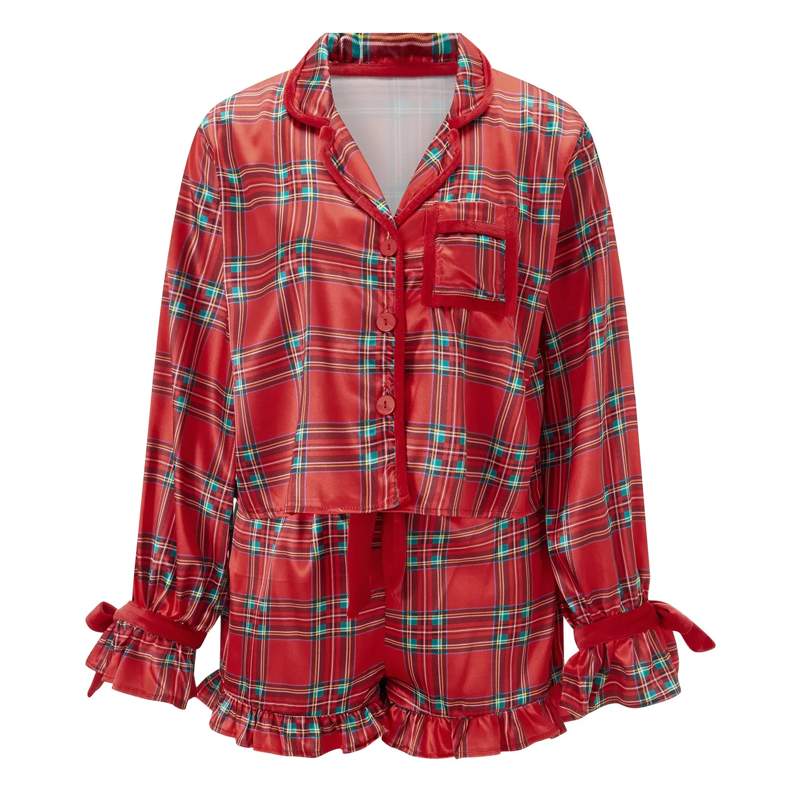Christmas Plaid Pajamas Set Women Sleepwear Acrylic Long Sleeve Shirt ...