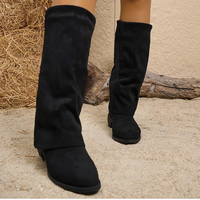 Women Knee High Denim Boots With Thick Heels For Winter_voghion.com