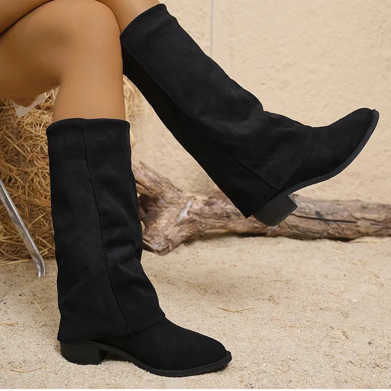 Women Knee High Denim Boots With Thick Heels For Winter_voghion.com