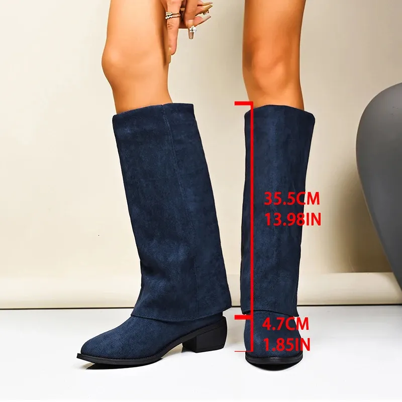 Women Knee High Denim Boots With Thick Heels For Winter_voghion.com