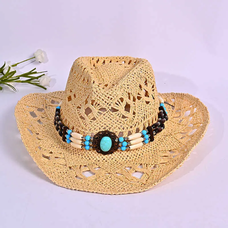 Melesh Western Cowboy Hat Wide Brim Straw Sun Hat Mint Green  display picture 3