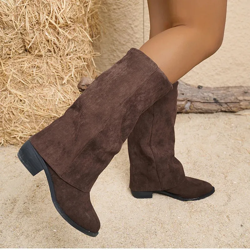 Women Knee High Denim Boots With Thick Heels For Winter_voghion.com