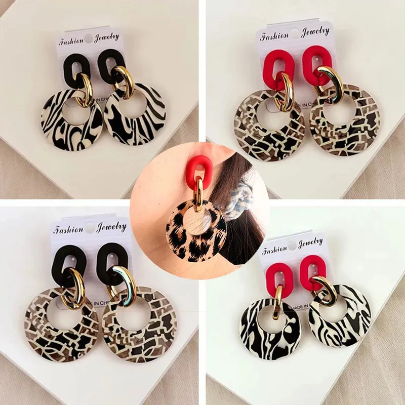 Orecchini A Cerchio Grandi Vintage Con Stampa Leopardata E Tartaruga, A Goccia, In Lega, Per Donna