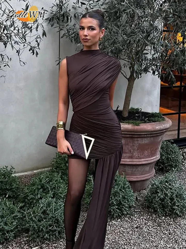 Brown Pleat Slim Fit Sleeveless Mini Dress Draped... From Ning01, $17.76 In  Bulk | DHgate.Com