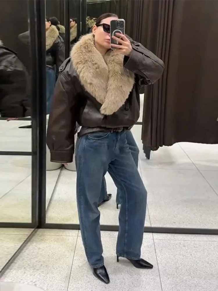 Fur collar coat womens hooded acetate short jacket double-breasted 