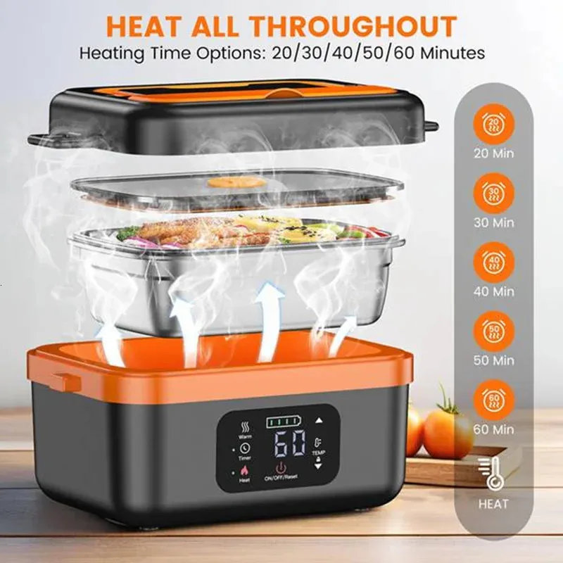 Gamelle Chauffante Avec Batterie 1.3L - Lunch Box Électrique Rechargeable Minuterie Acier Inox Gamelle Portable Réchauffe Repas