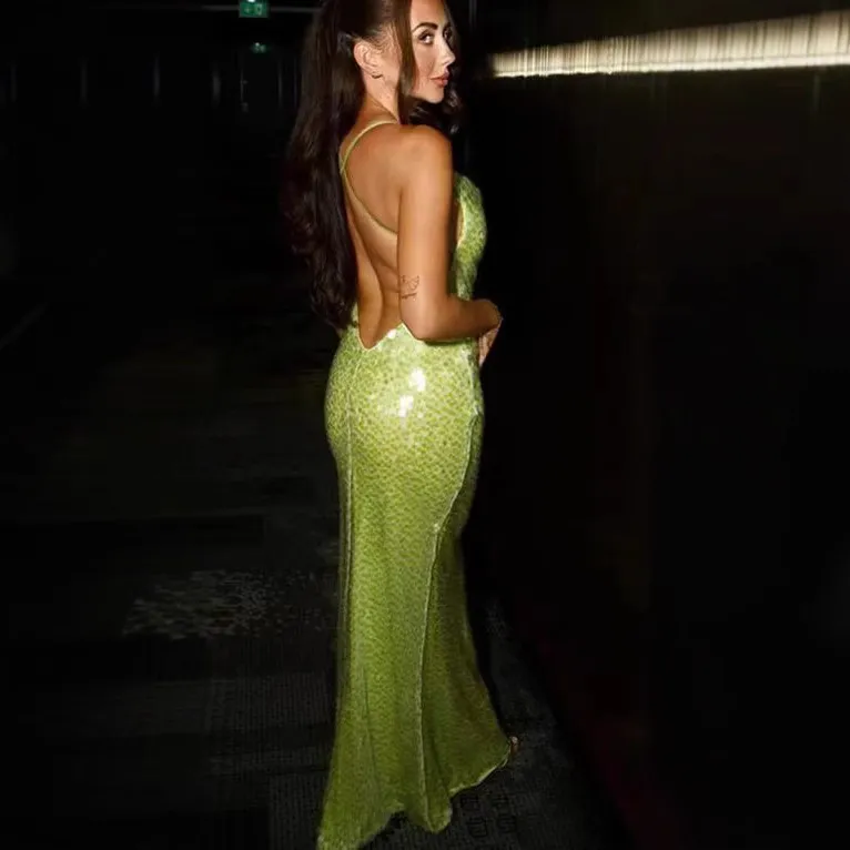 Green Evening Dresses Sequin Maxi: Womens Glitter Backless