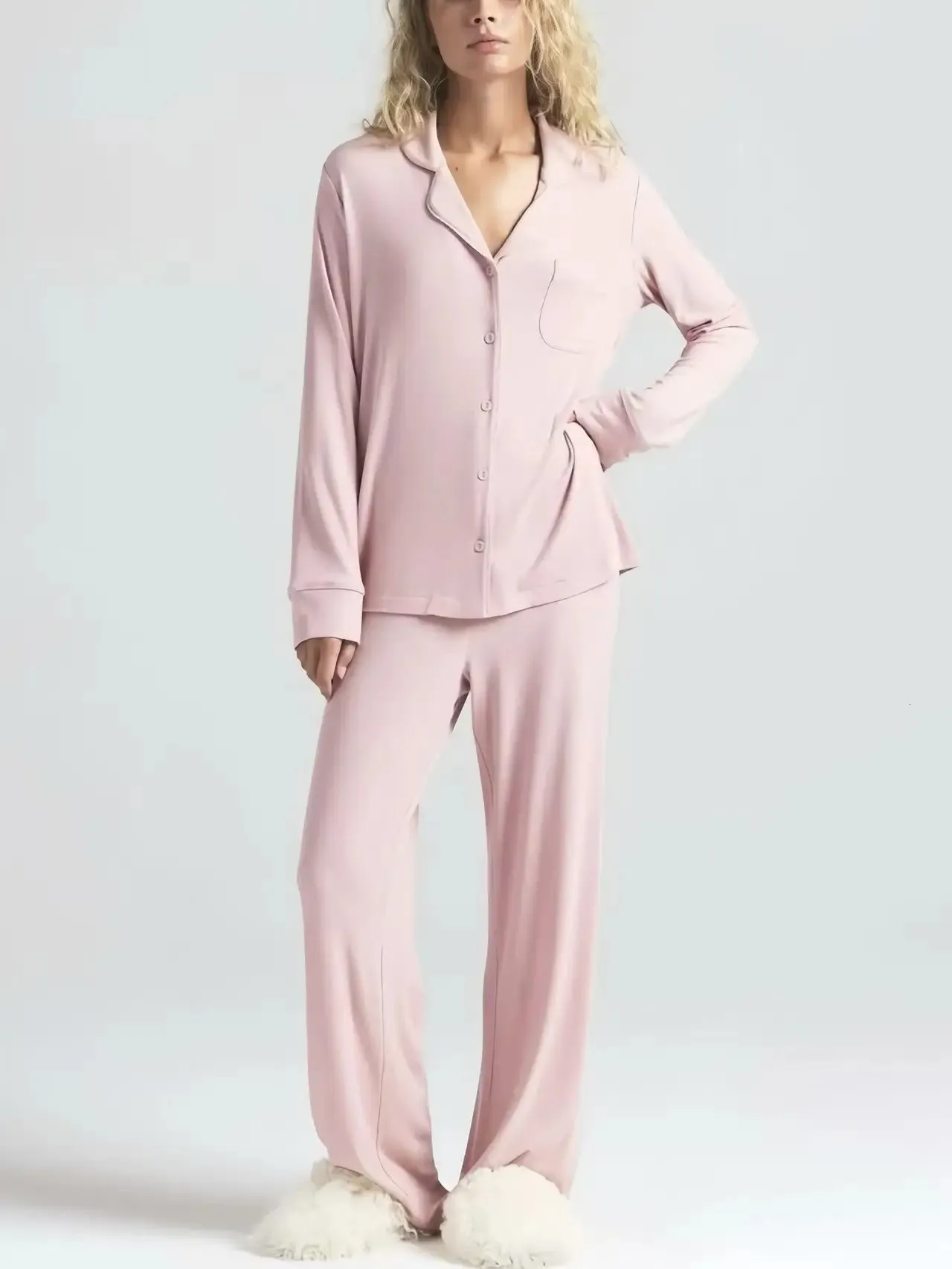 Modal womens pajamas long-sleeved knit trousers acrylic homewear basics ...